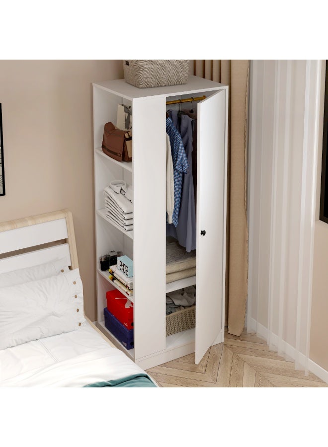 خزانة ملابس بباب واحد مع حجيرات تخزين مدمجة متعددة الطبقات، ومساحة تخزين كبيرة، وأرفف تخزين مفتوحة على الجانب. خزانة ملابس مدمجة، مناسبة للشقق الصغيرة وصالات النوم المشتركة (YG003) - Image 1